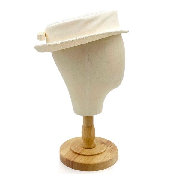 Vintage 1950s Cream Straw Sailor Hat Antique Ivory Boater Skimmer W Bow Detail - Picture 6 of 11